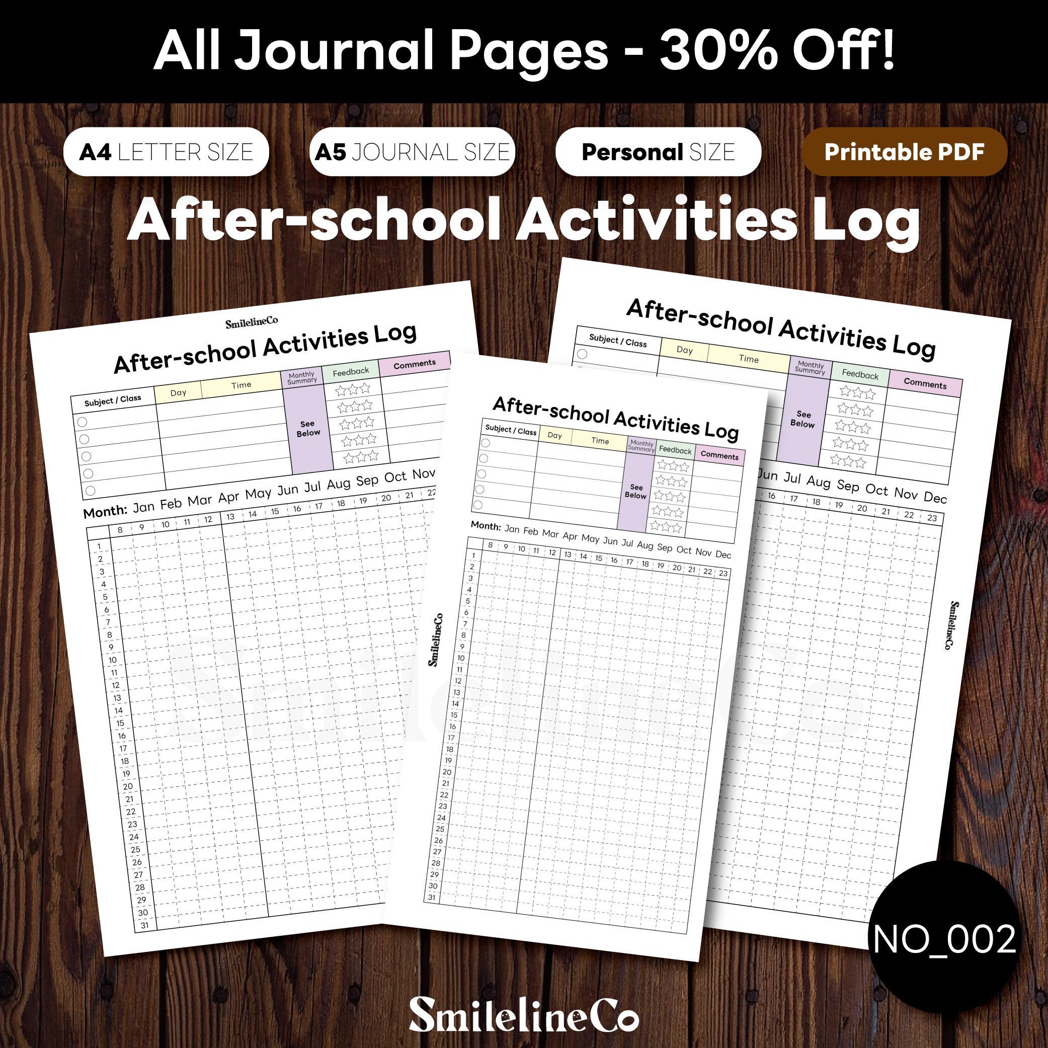 After-school Activities Log printable A4 A5 Personal size journal pages