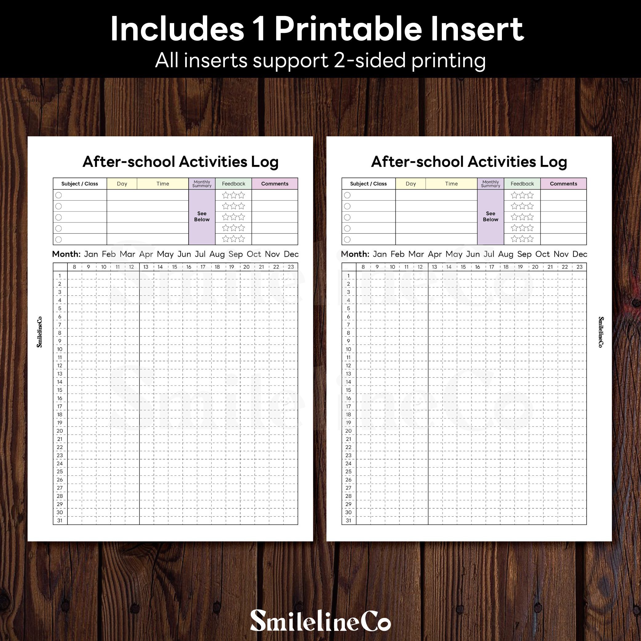 After-school Activities Log printable insert double sided design