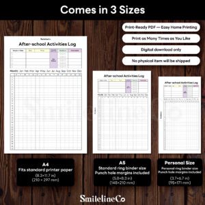 After-school Activities Log journal insert available in 3 sizes