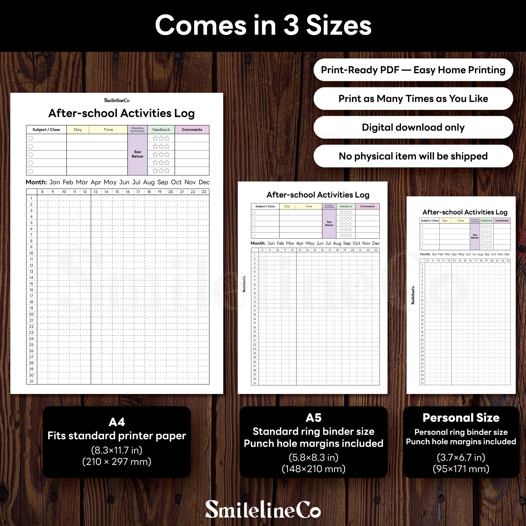 After-school Activities Log journal insert available in 3 sizes
