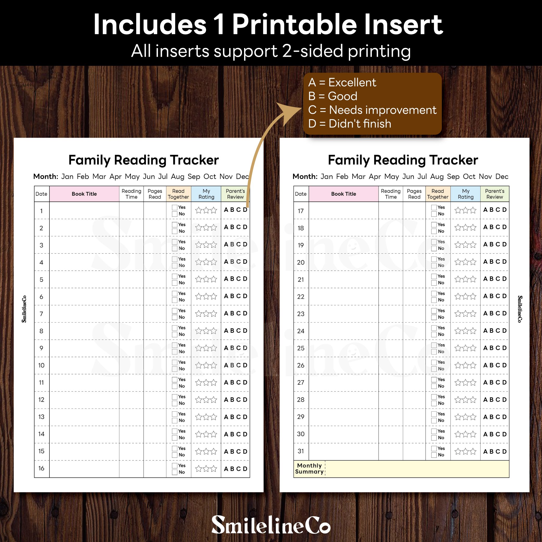 Family Reading Tracker printable insert double sided design