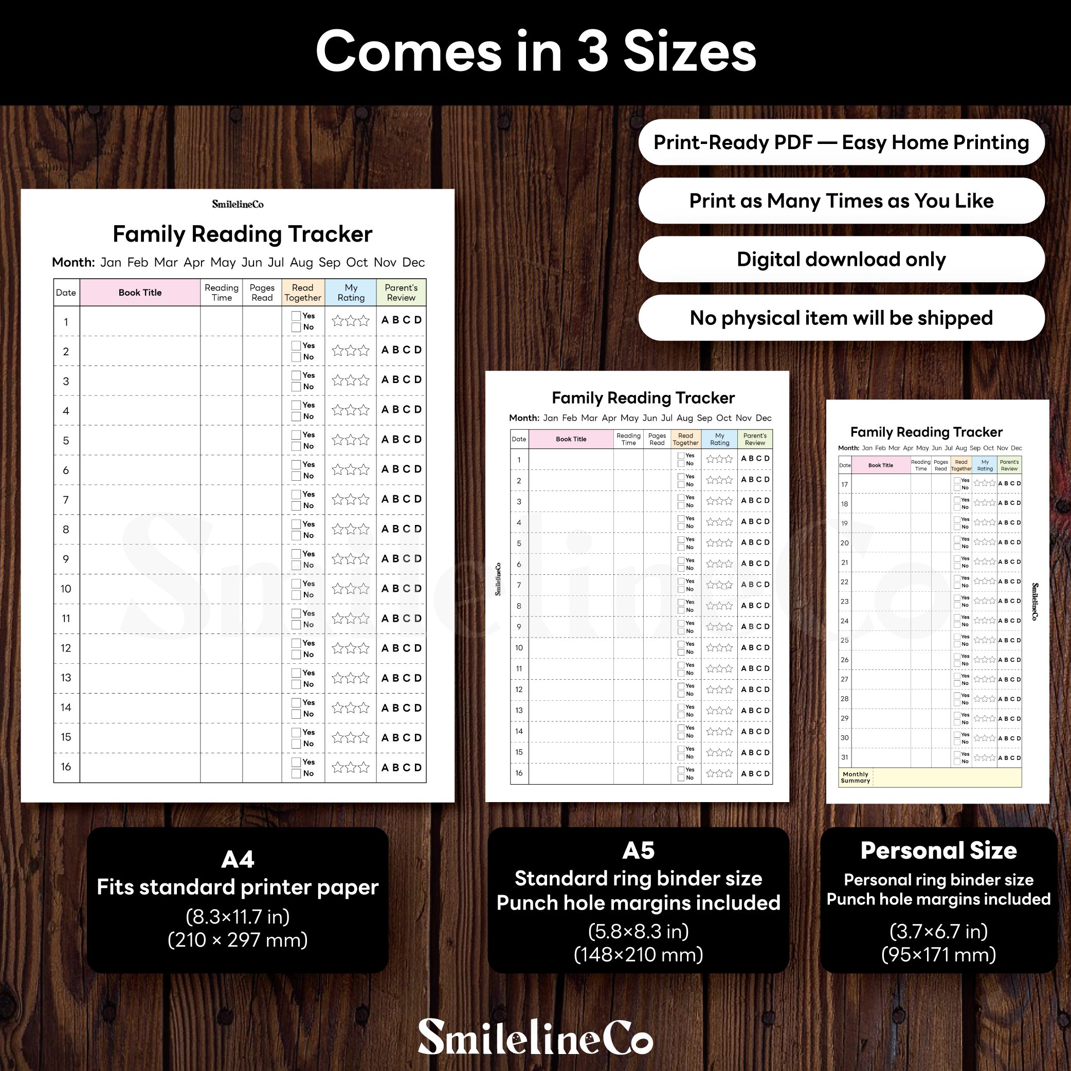 Family Reading Tracker printable available in A4 A5 Personal size