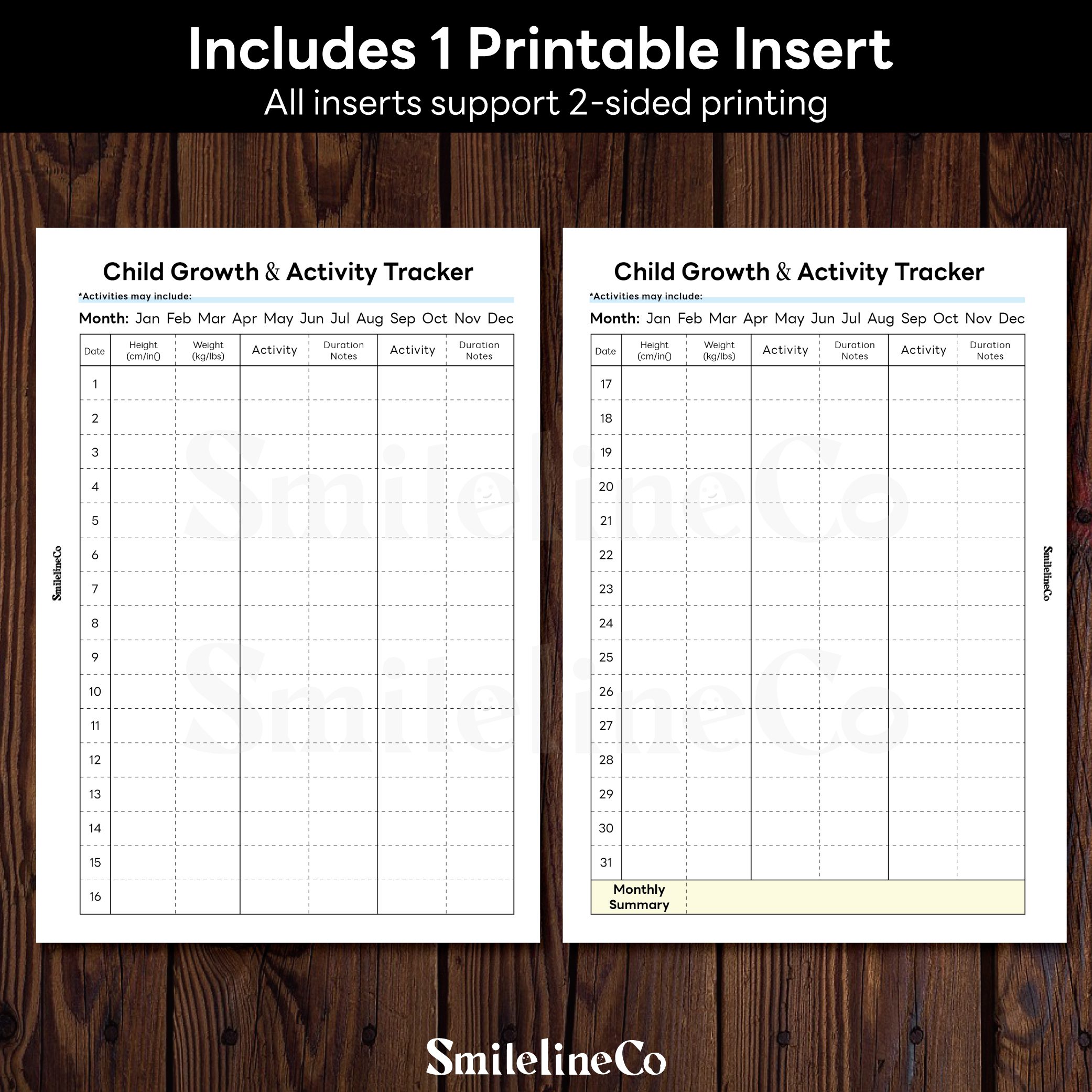 Child Growth Activity Tracker printable insert double sided design
