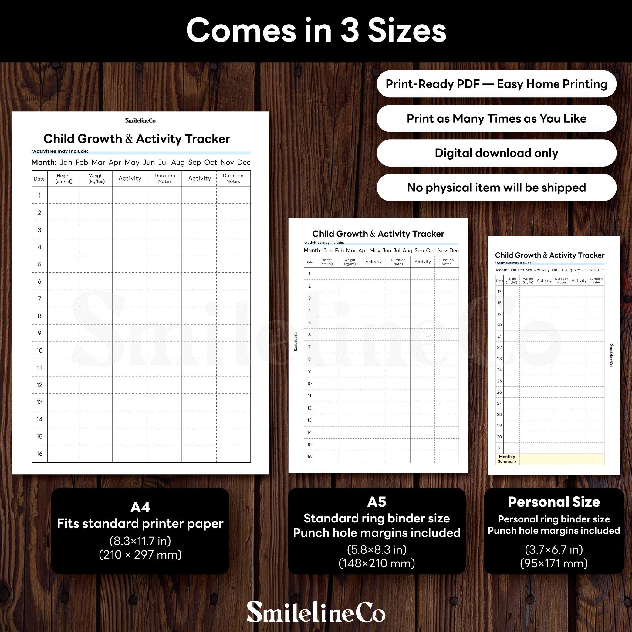 Child Growth Activity Tracker printable available in A4 A5 Personal size