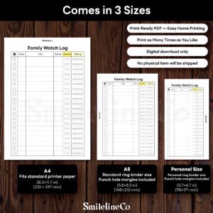 Family Watch Log printable available in A4 A5 Personal size
