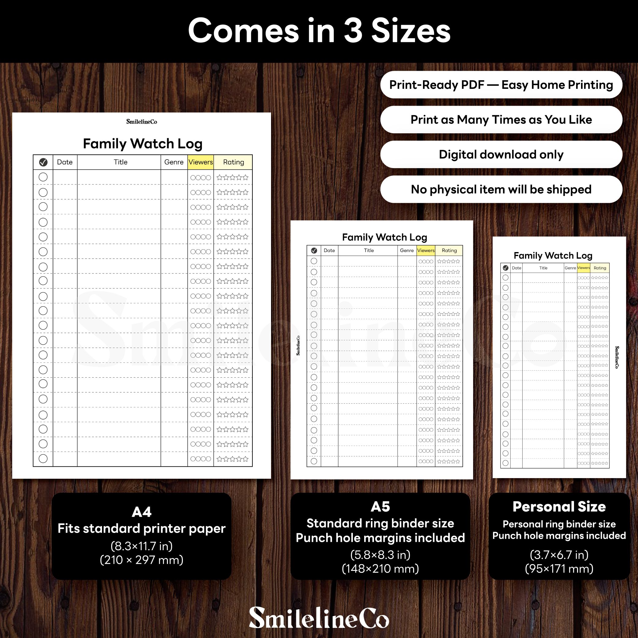 Family Watch Log printable available in A4 A5 Personal size