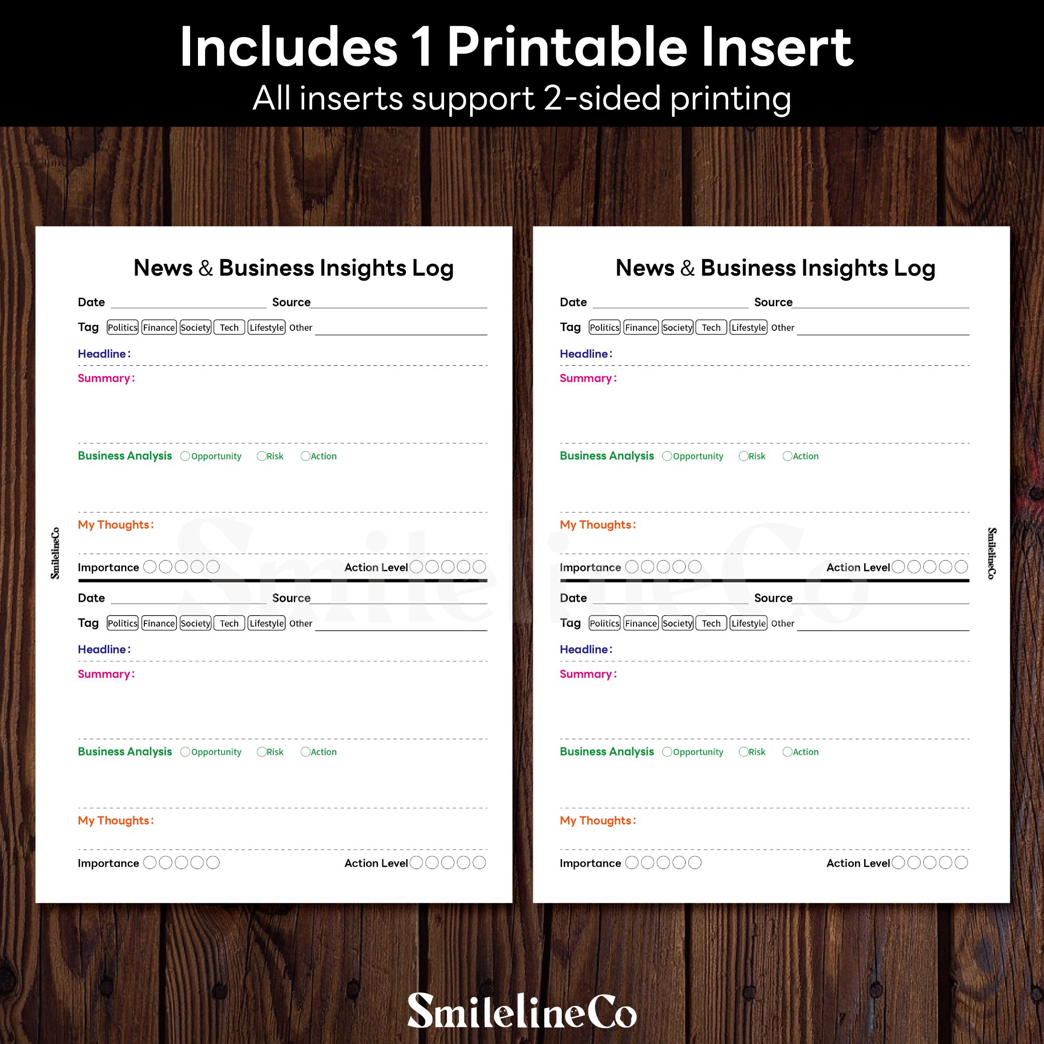 News Business Insights Log printable insert double sided design