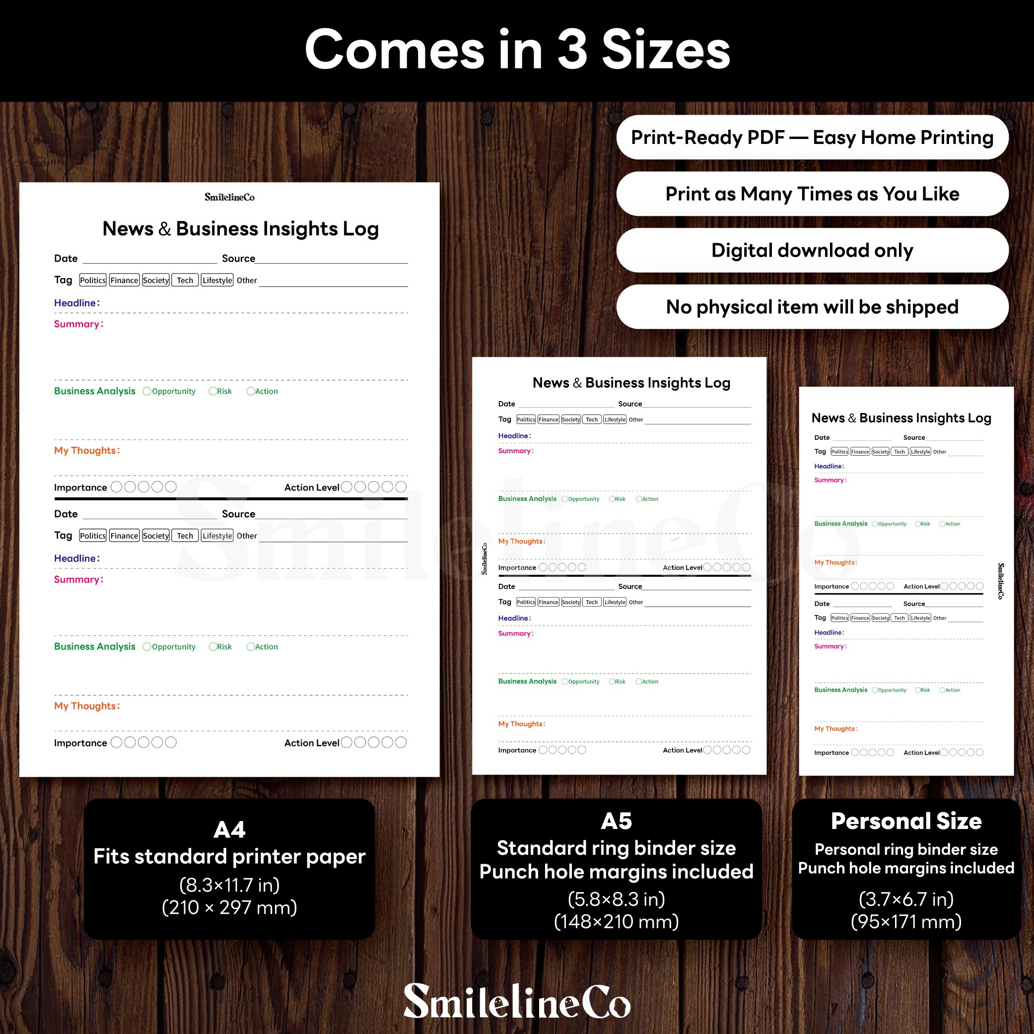 News Business Insights Log printable available in A4 A5 Personal size