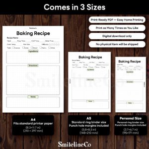 Baking Recipe printable available in A4 A5 Personal size