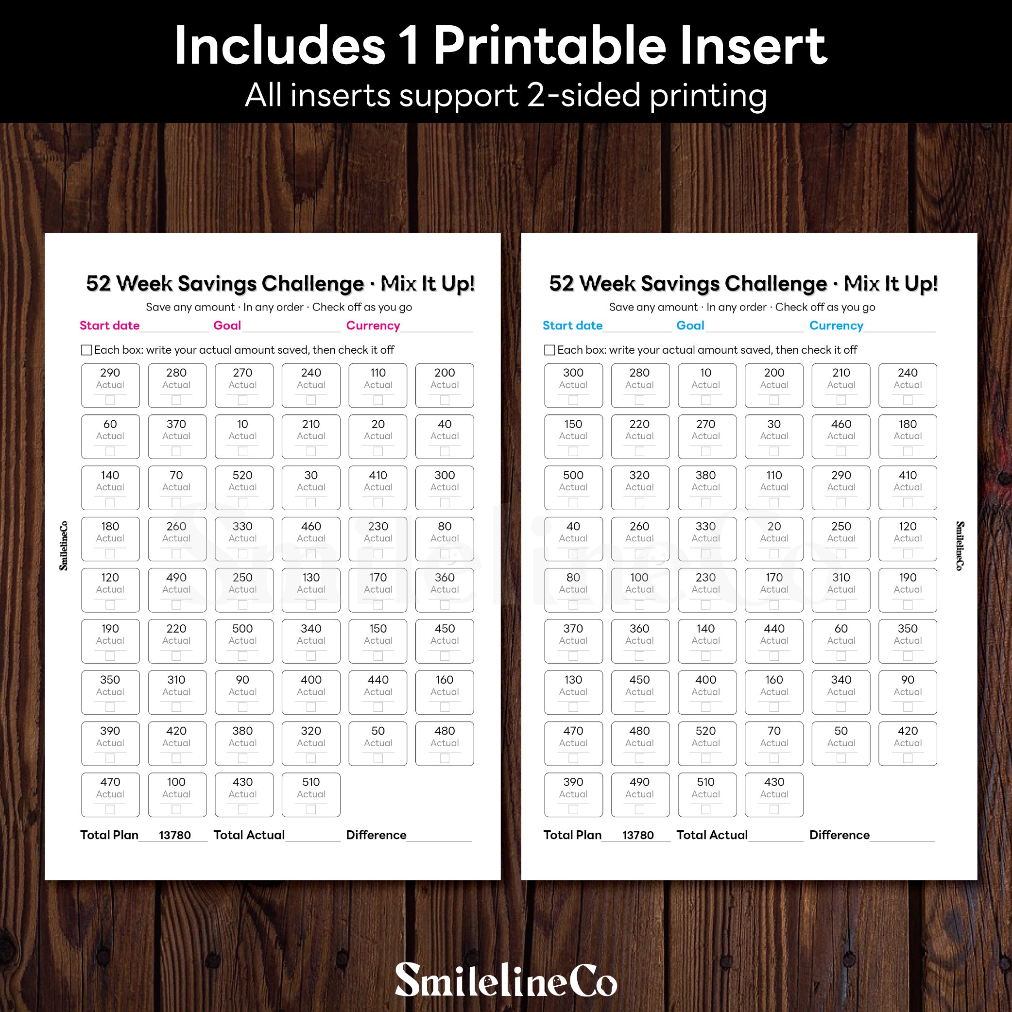 52 Week Savings Challenge Random printable insert double sided design