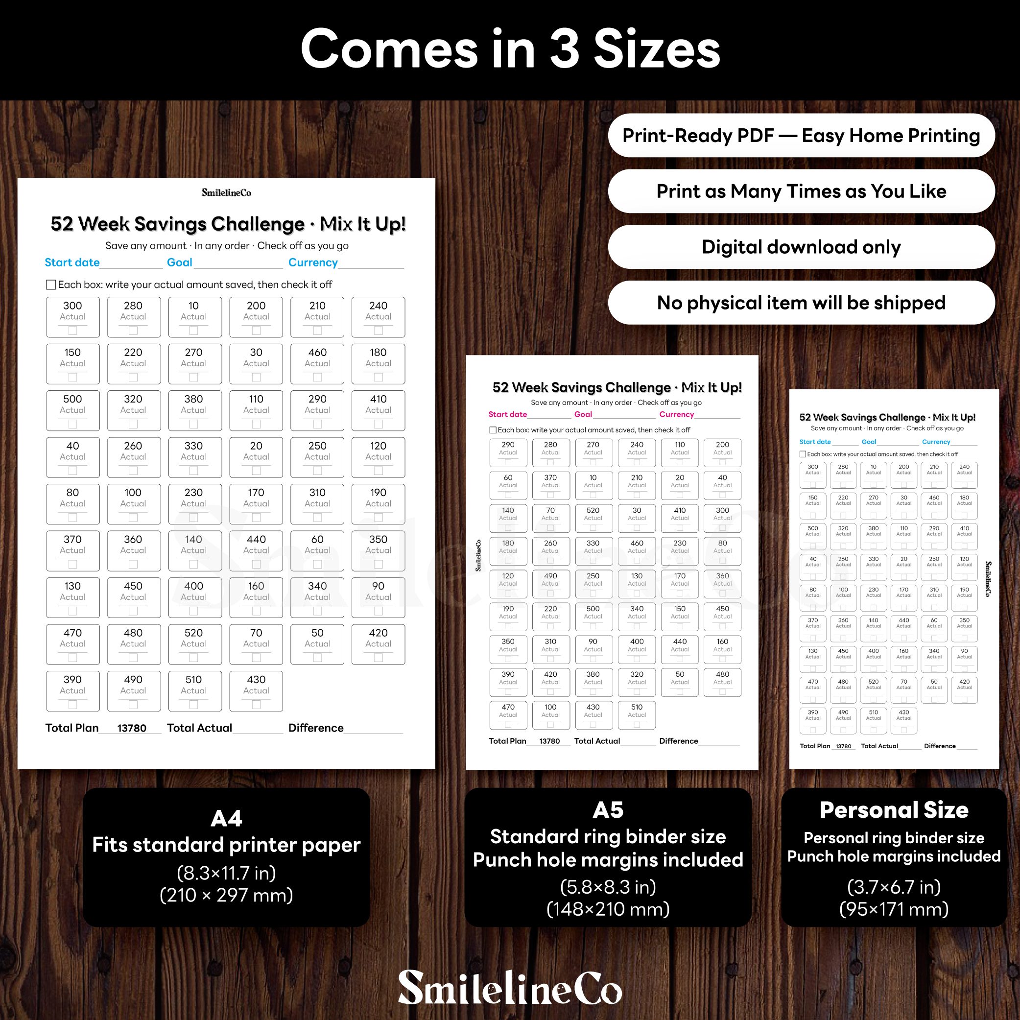 52 Week Savings Challenge Random printable available in A4 A5 Personal size