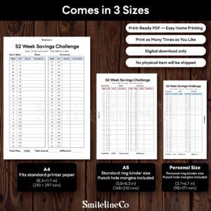 52 Week Savings Challenge printable available in A4 A5 Personal size