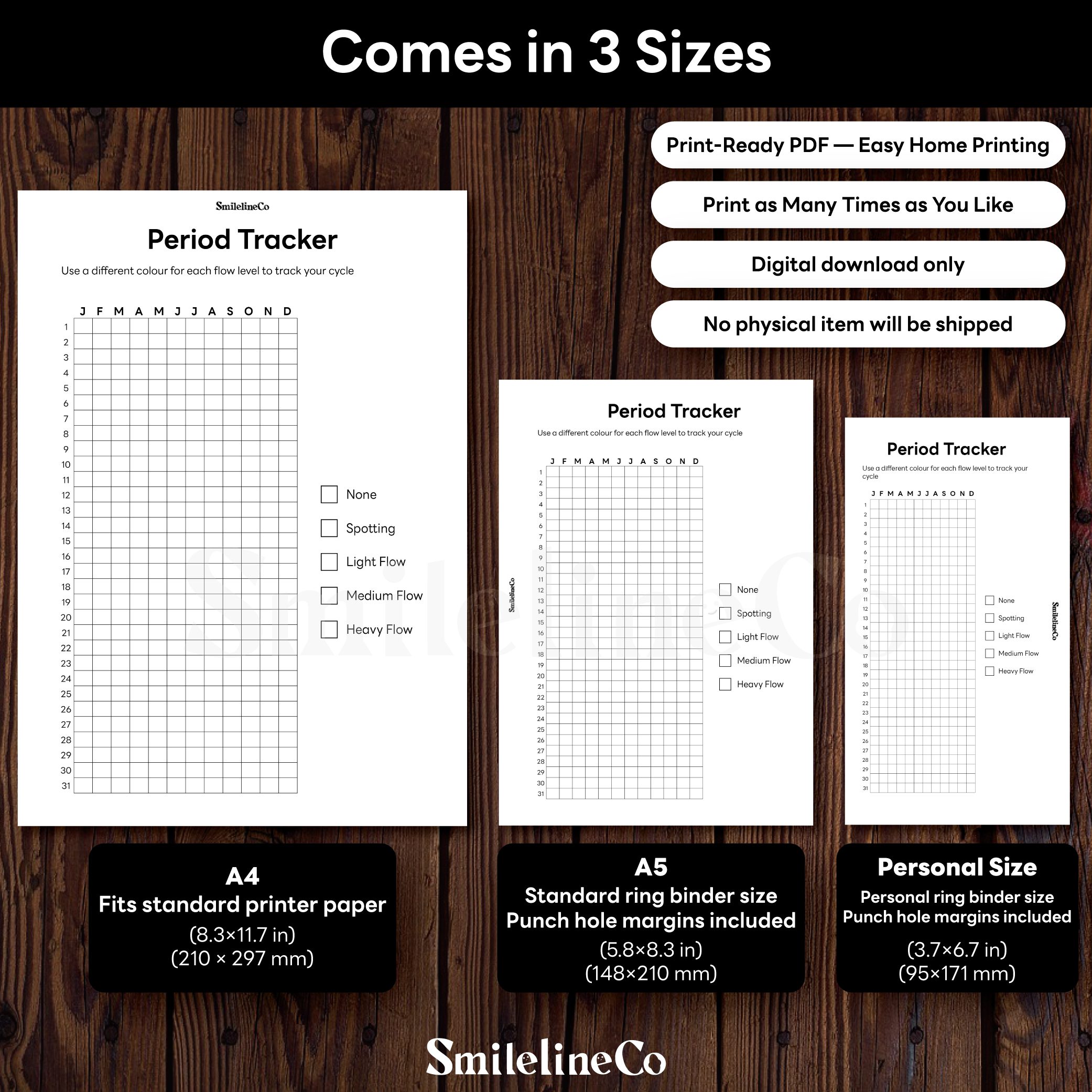 Period Tracker printable available in A4 A5 Personal size