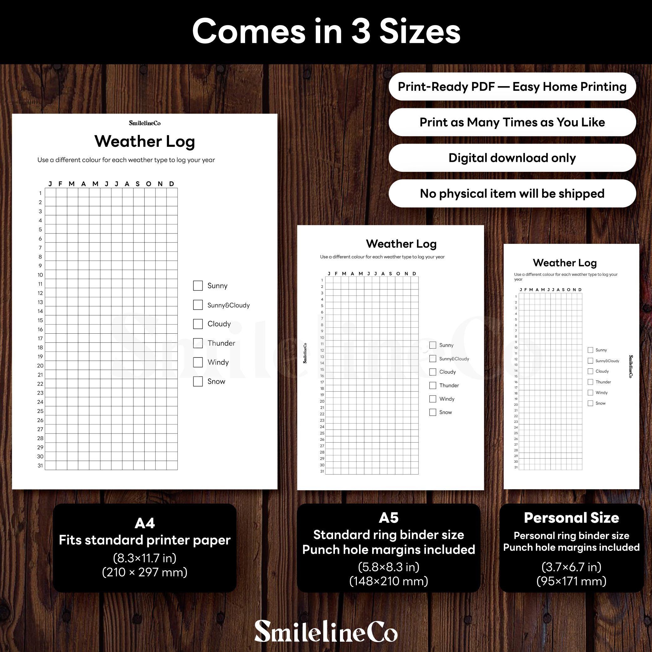 Weather Log printable available in A4 A5 Personal size