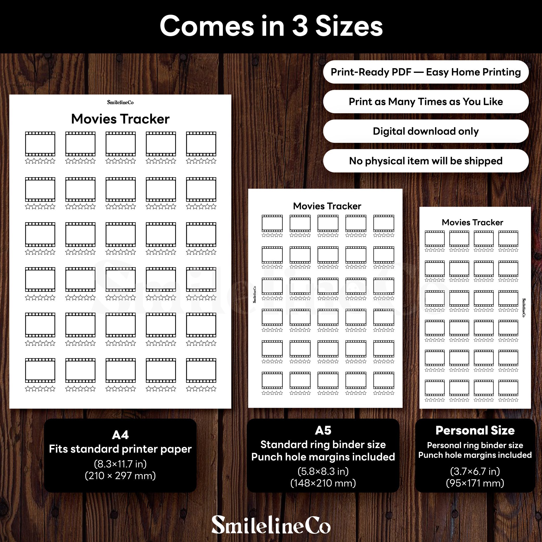 Movies Tracker printable available in A4 A5 Personal size