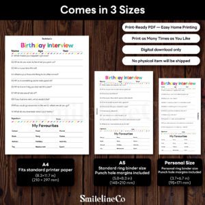 Kids Birthday Interview printable available in A4 A5 Personal size