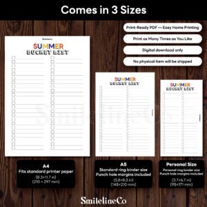 Summer Bucket List printable available in A4 A5 Personal size