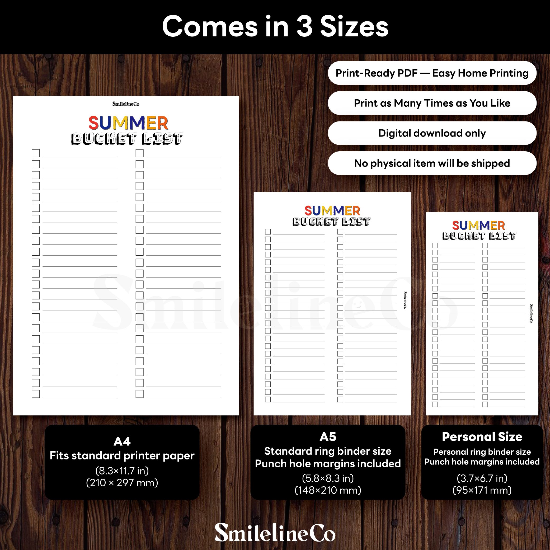 Summer Bucket List printable available in A4 A5 Personal size