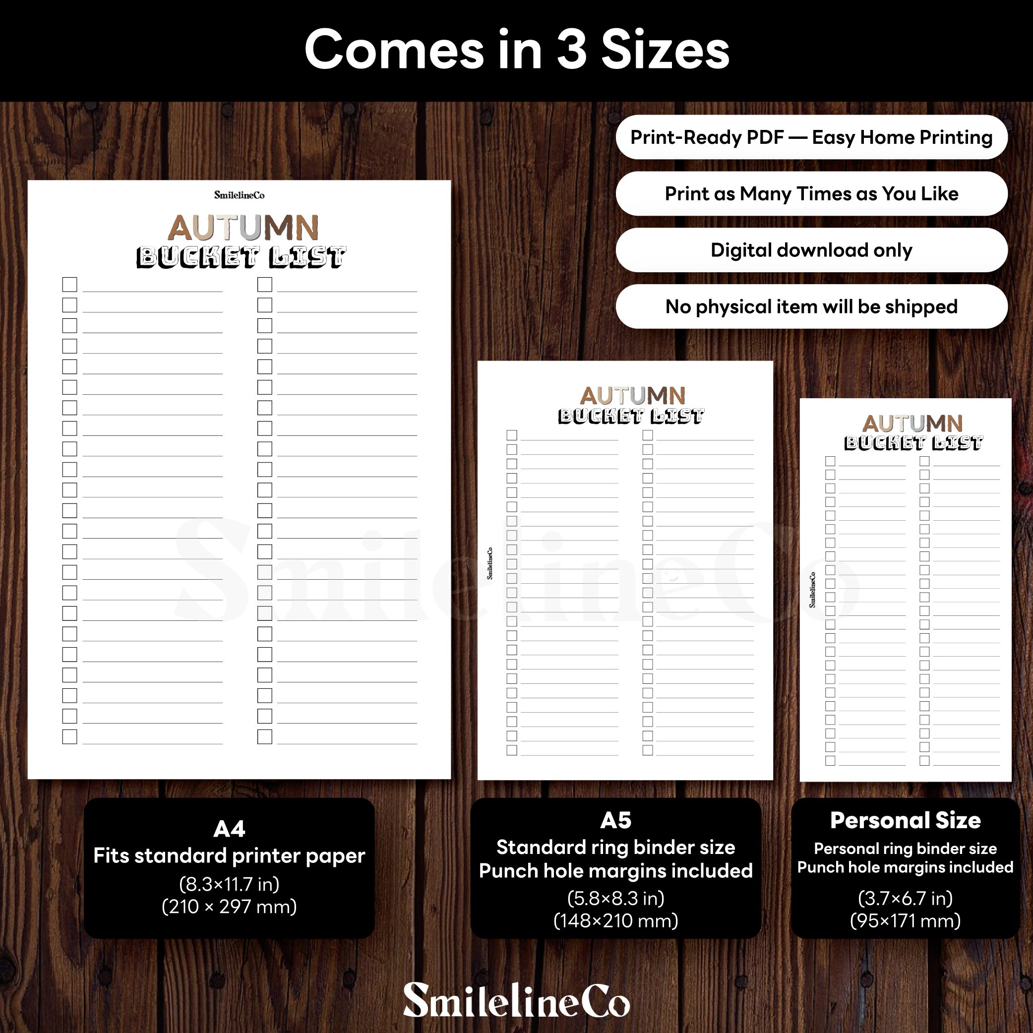 Autumn Bucket List printable available in A4 A5 Personal size