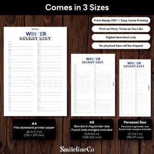 Winter Bucket List printable available in A4 A5 Personal size
