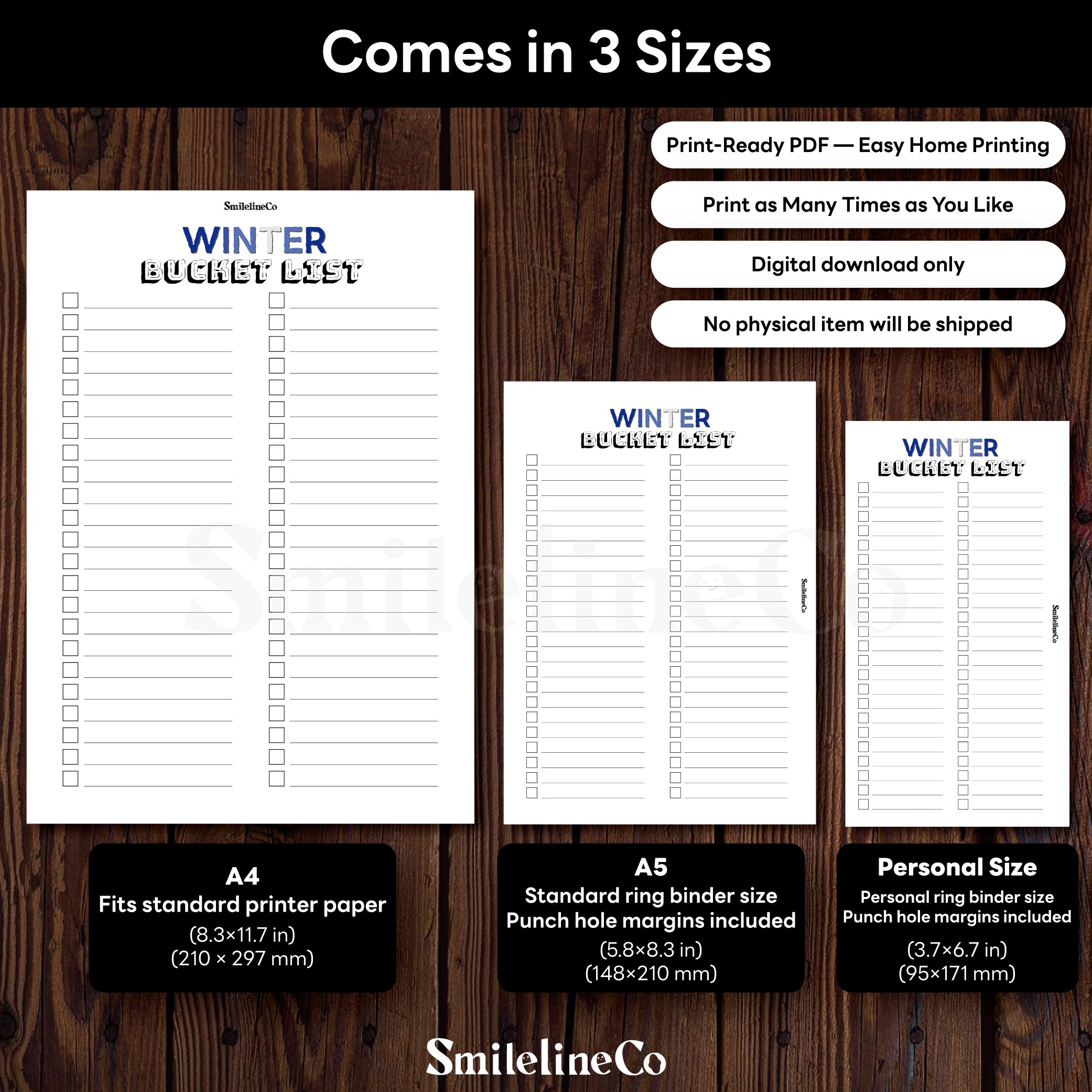 Winter Bucket List printable available in A4 A5 Personal size