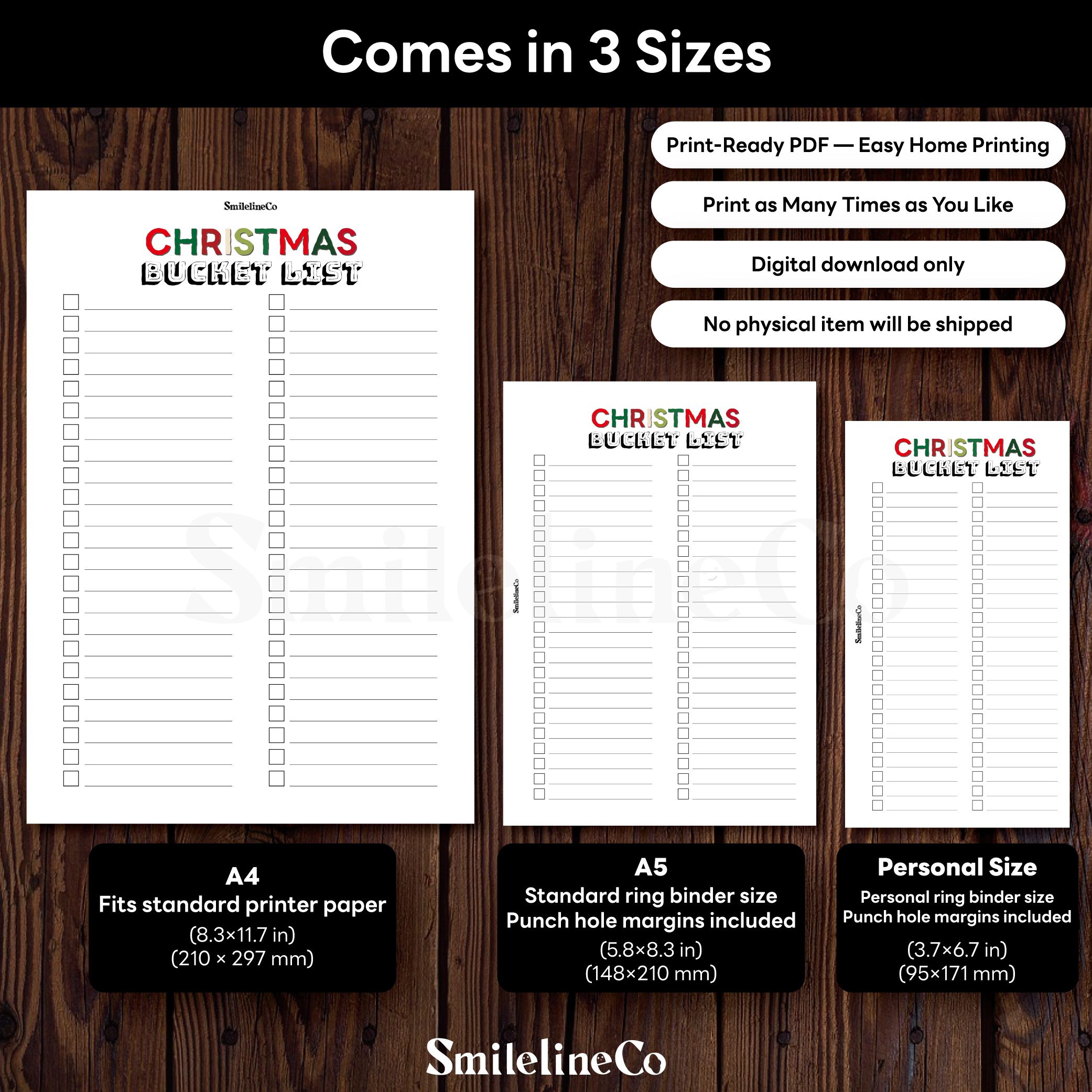 Christmas Bucket List printable available in A4 A5 Personal size
