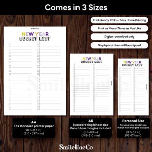 New Year Bucket List printable available in A4 A5 Personal size