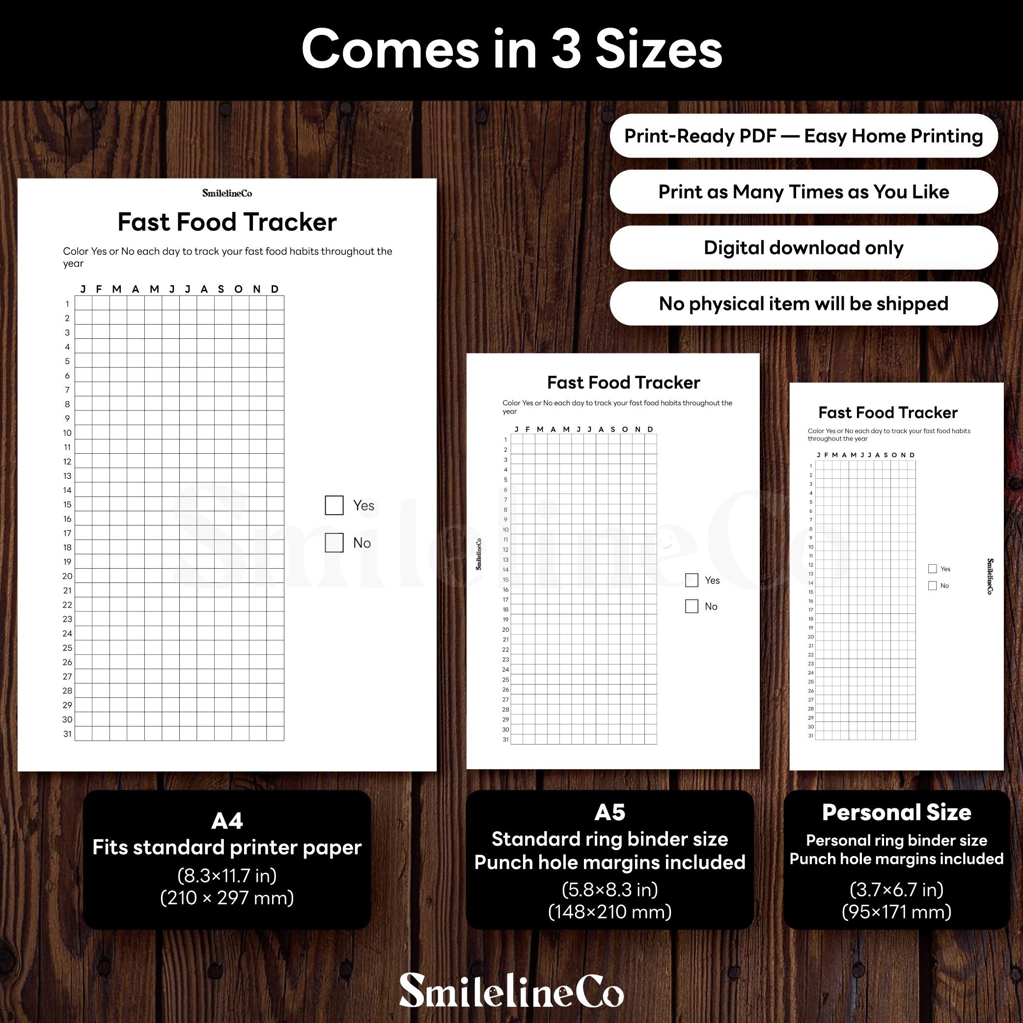 Fast Food Tracker printable available in A4 A5 Personal insert size