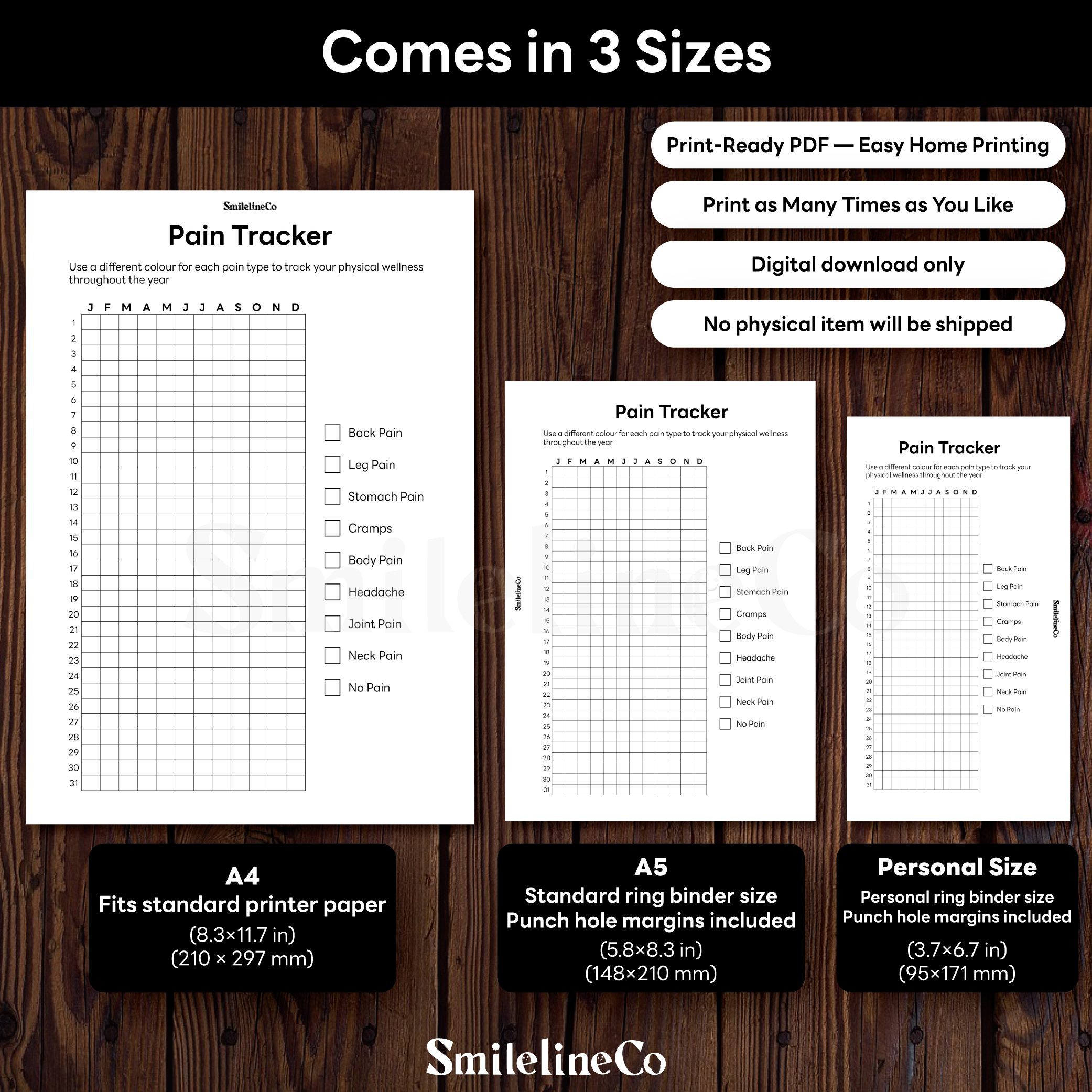 Pain Tracker printable available in A4 A5 Personal size