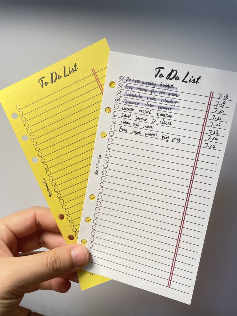 To Do List printable in use, daily task checklist for busy professionals, notebook-style planner insert