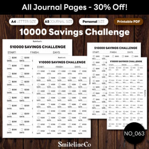 SmilelineCo $10,000 Savings Challenge printable, savings goal tracking insert, minimalist planner design