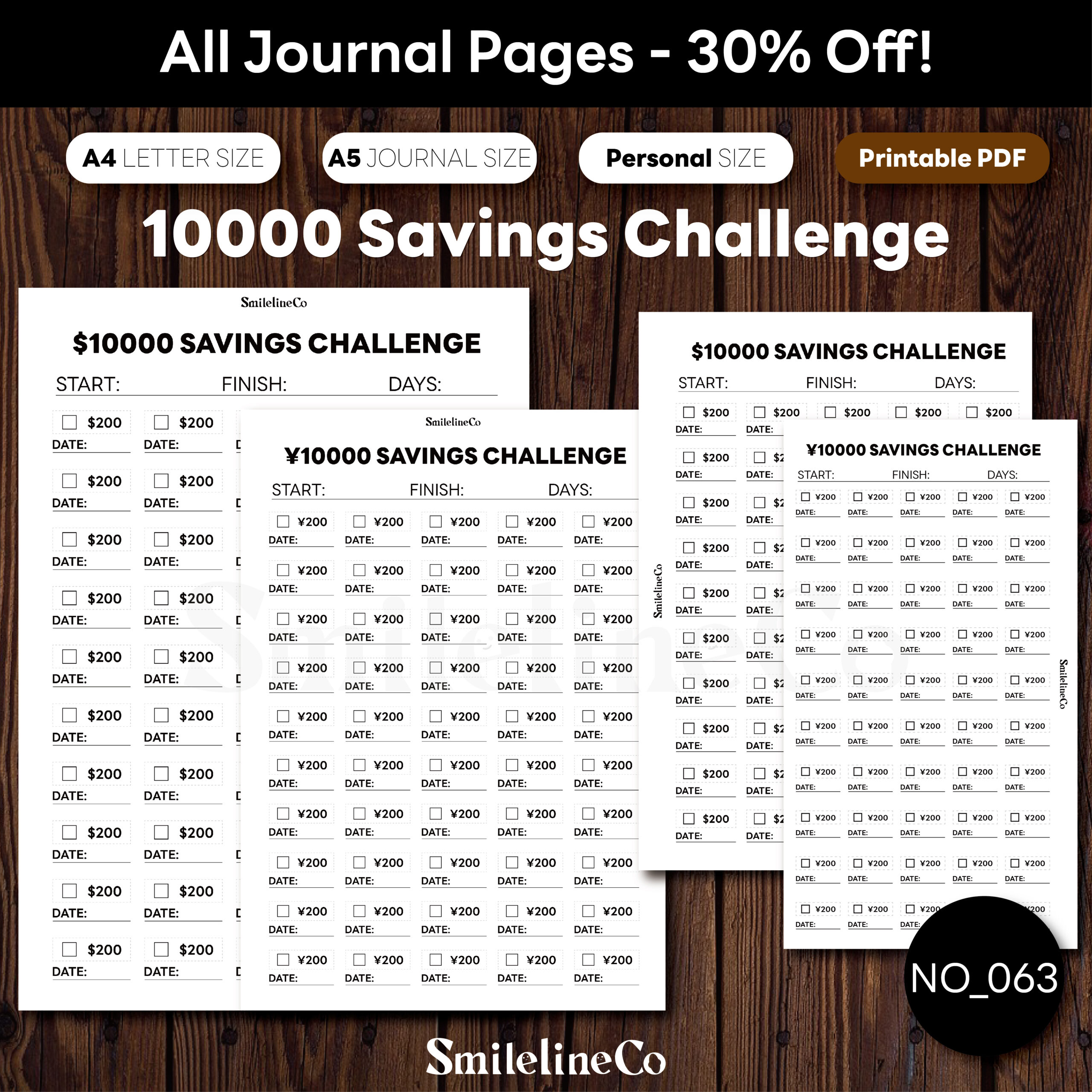 SmilelineCo $10,000 Savings Challenge printable, savings goal tracking insert, minimalist planner design
