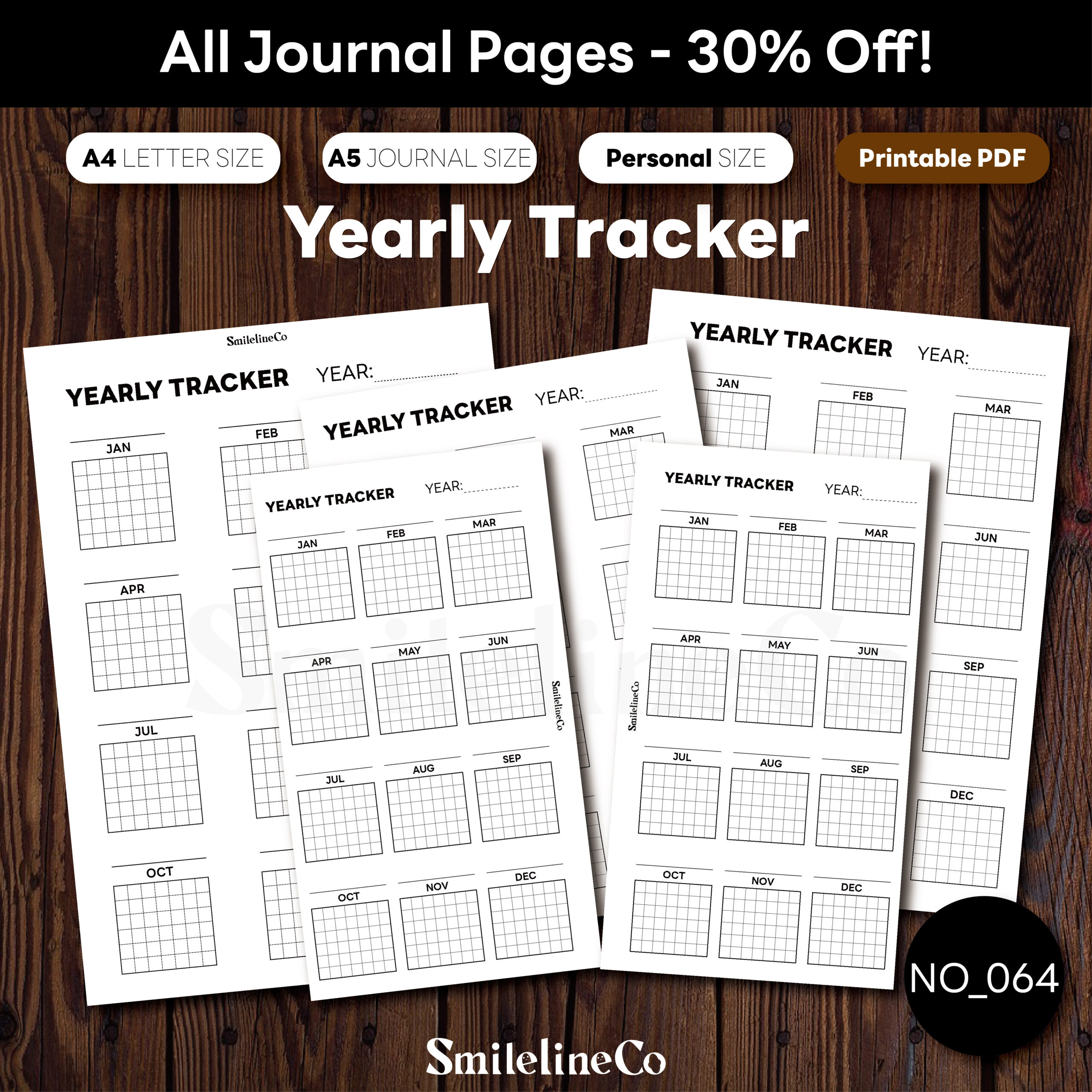 SmilelineCo Yearly Tracker printable, flexible year-long habit tracking, minimalist planner insert design