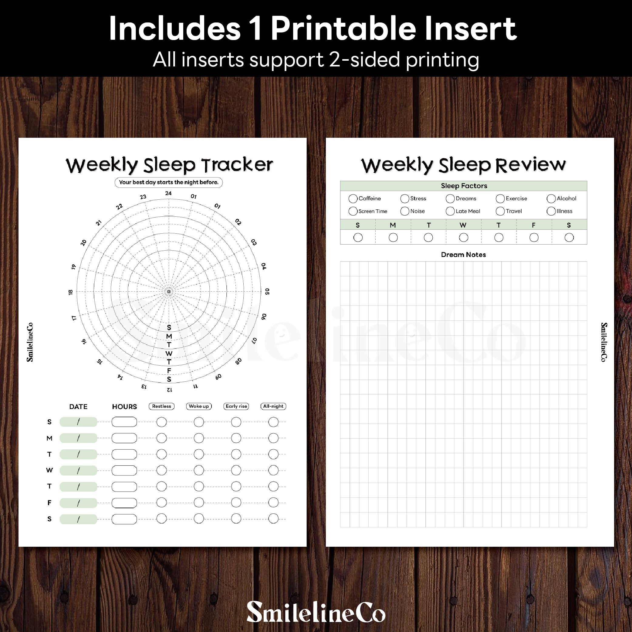 Weekly Sleep Tracker printable circular insert double sided design