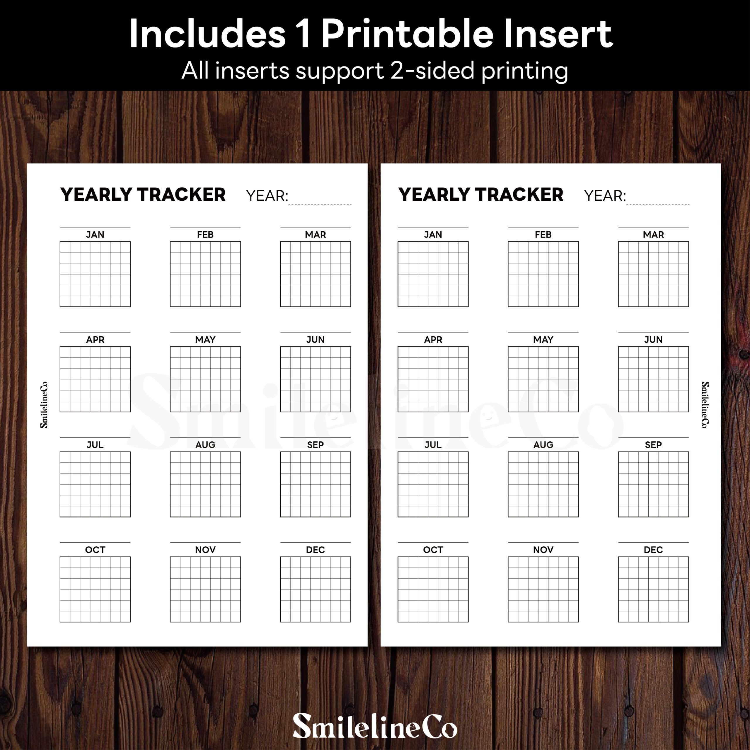 Yearly Tracker printable, undated 12-month tracking grid for planner use, clean black and white layout