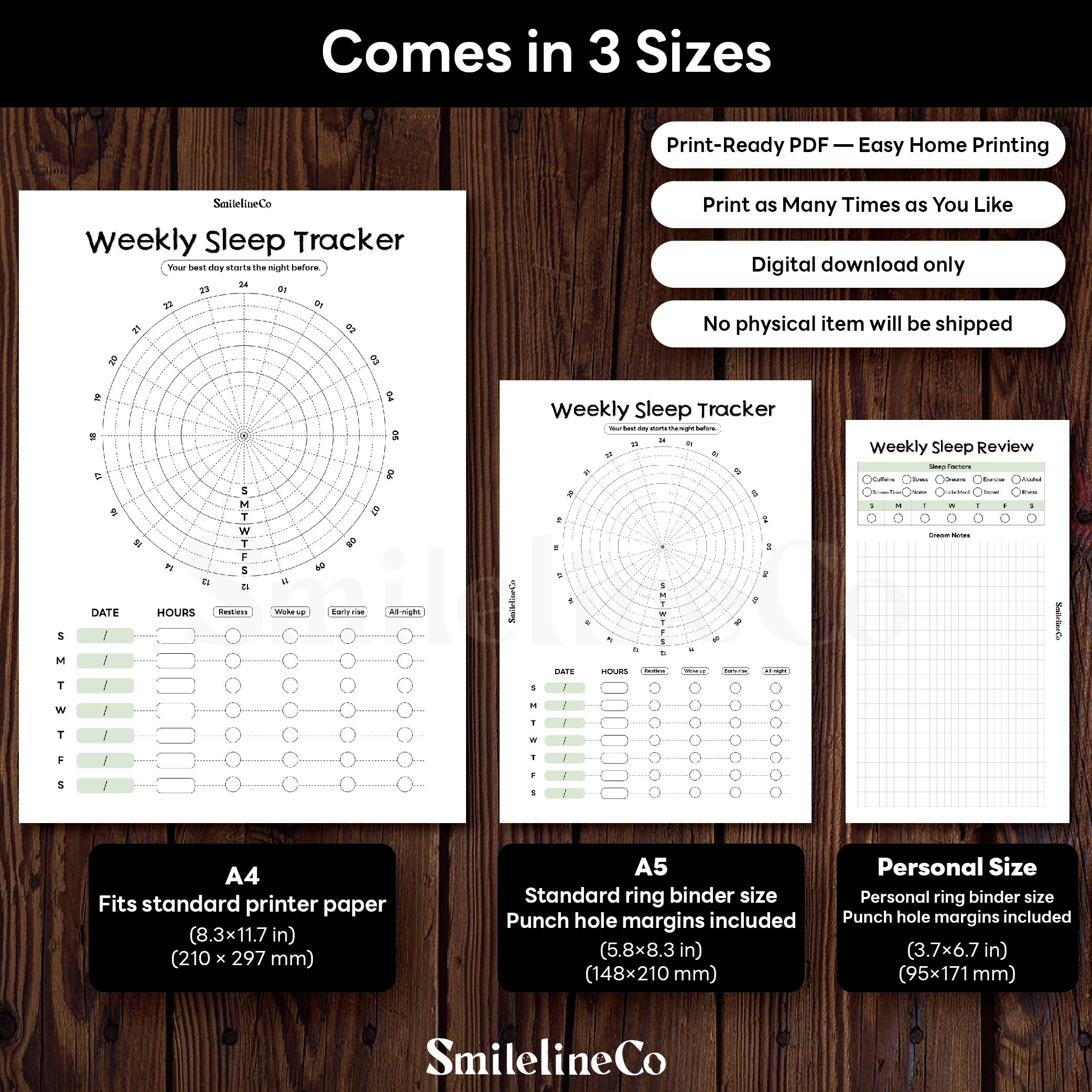 Weekly Sleep Tracker printable available in A4 A5 Personal size