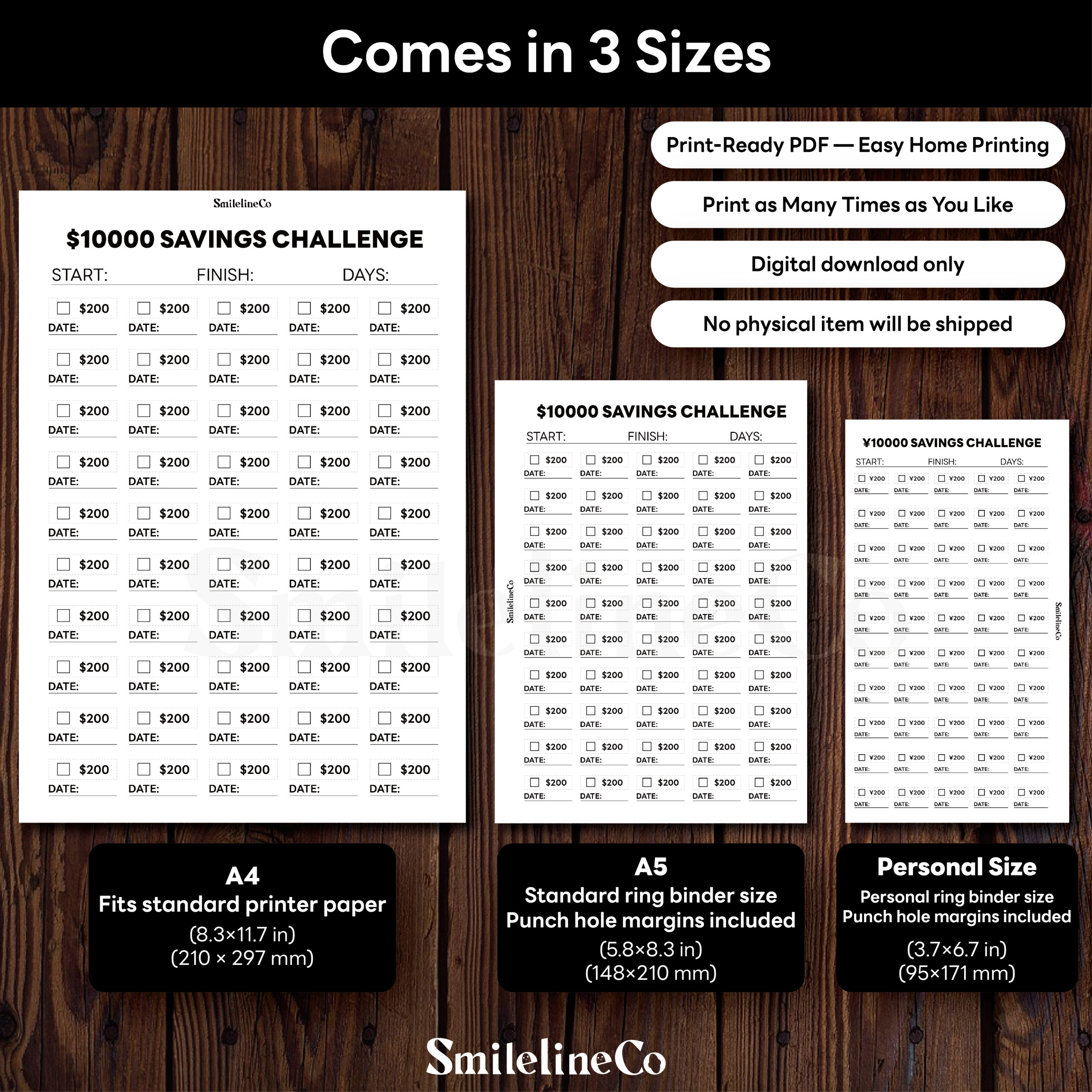$10,000 Savings Challenge printable, available in A4 A5 Personal size for planner binders, minimalist grid design