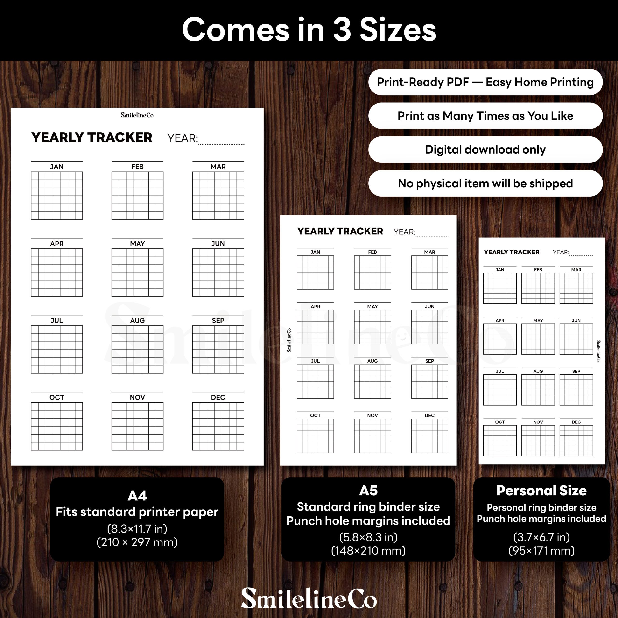 Yearly Tracker printable, available in A4 A5 Personal size for planner binders, minimalist grid design