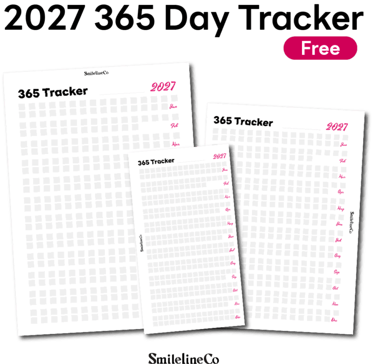 SmilelineCo 2027 365 Day Tracker printable, free year-long tracking insert, pink and black minimalist design