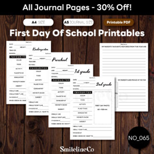 First Day of School Printables for recording a child's first day memories by grade level, minimalist black-and-white design 