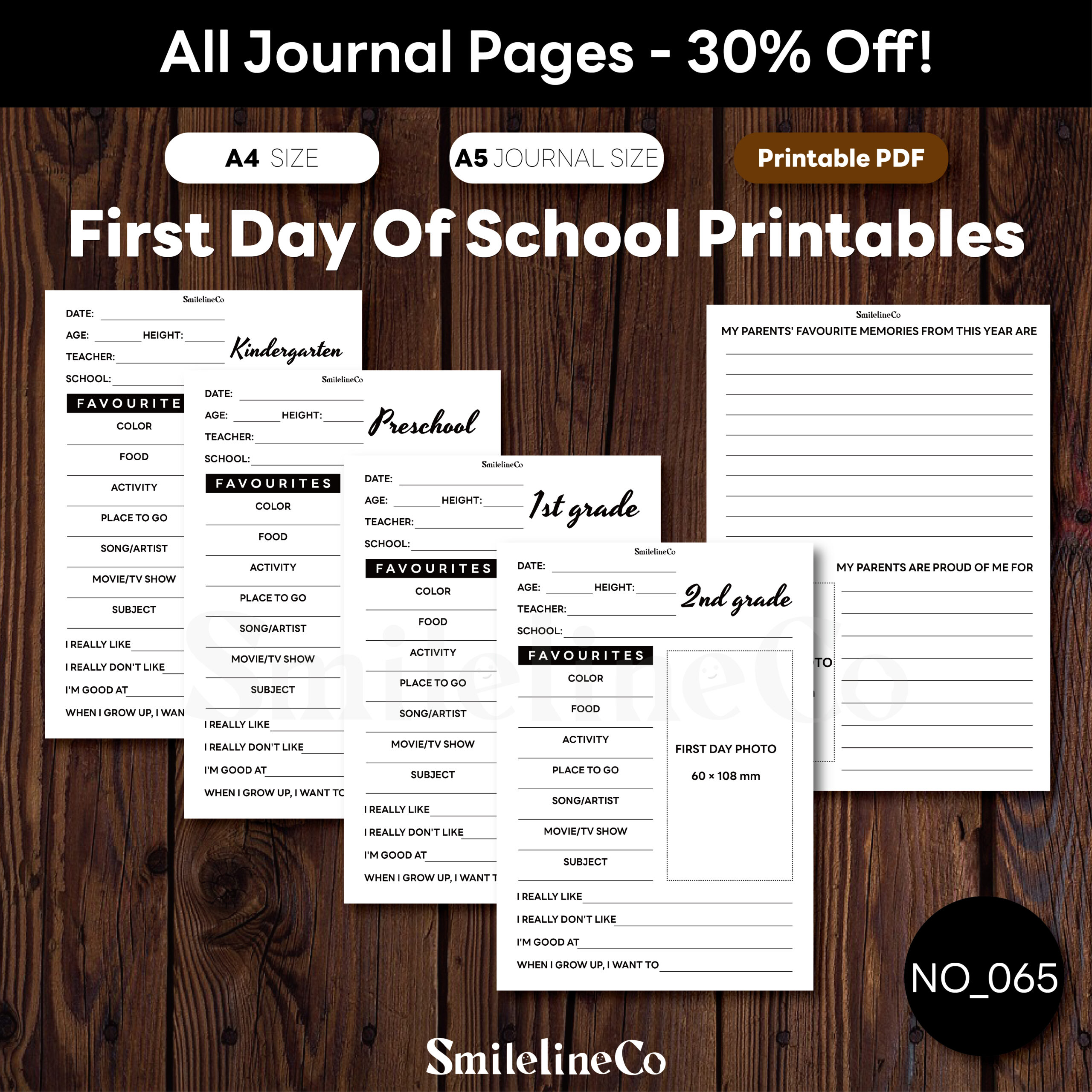 First Day of School Printables for recording a child's first day memories by grade level, minimalist black-and-white design