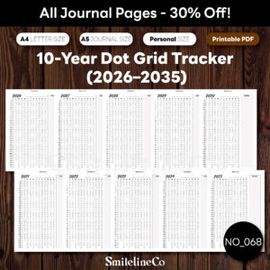 10-year dot grid tracker printable for decade habit tracking and goal setting, minimalist black-and-white design