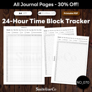 24-hour time block tracker printable for productivity planning and daily routines, minimalist black-and-white design