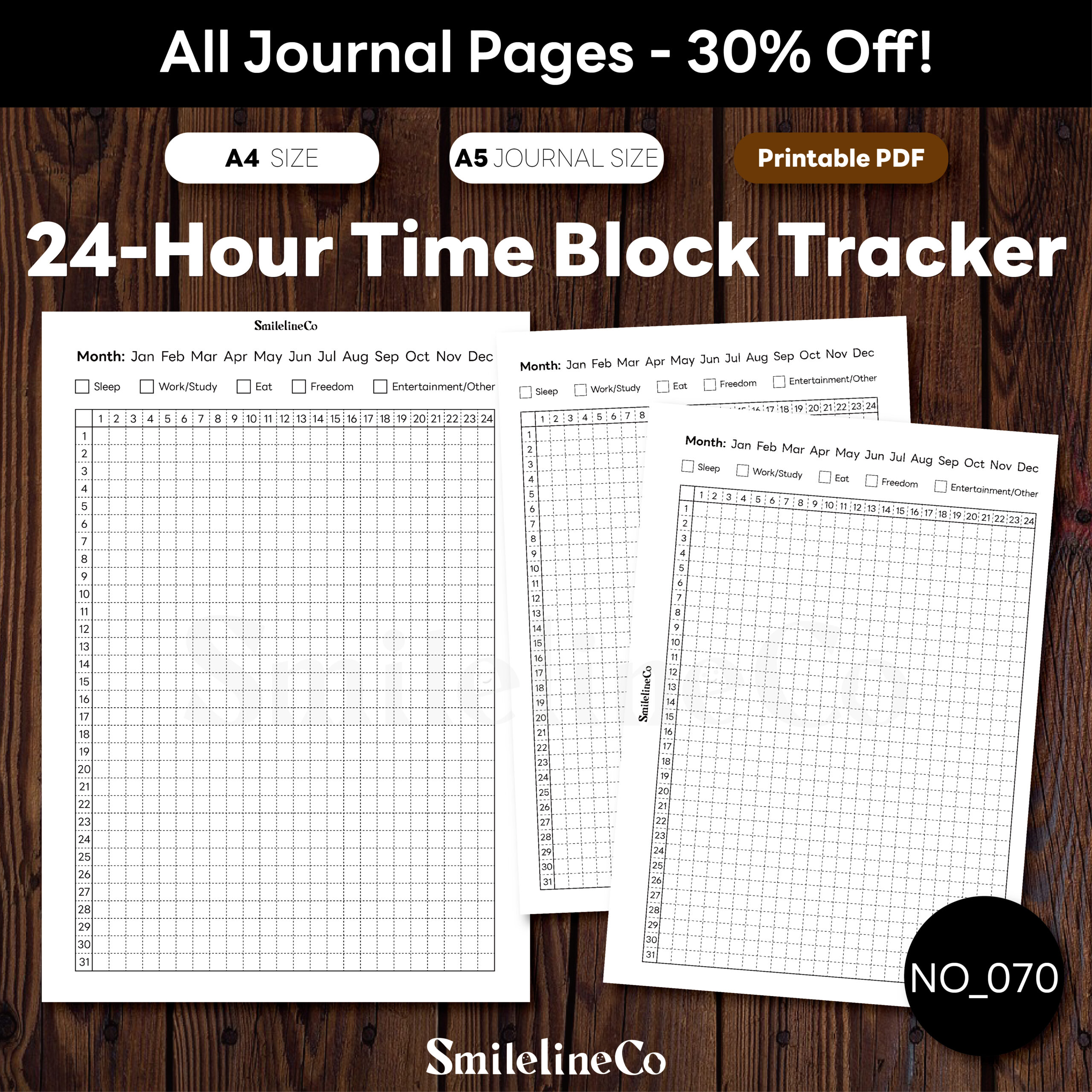24-hour time block tracker printable for productivity planning and daily routines, minimalist black-and-white design