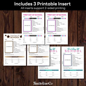 First Day of School insert preview for back-to-school photo props, 3 printable pages in pink, tan and teal designs
