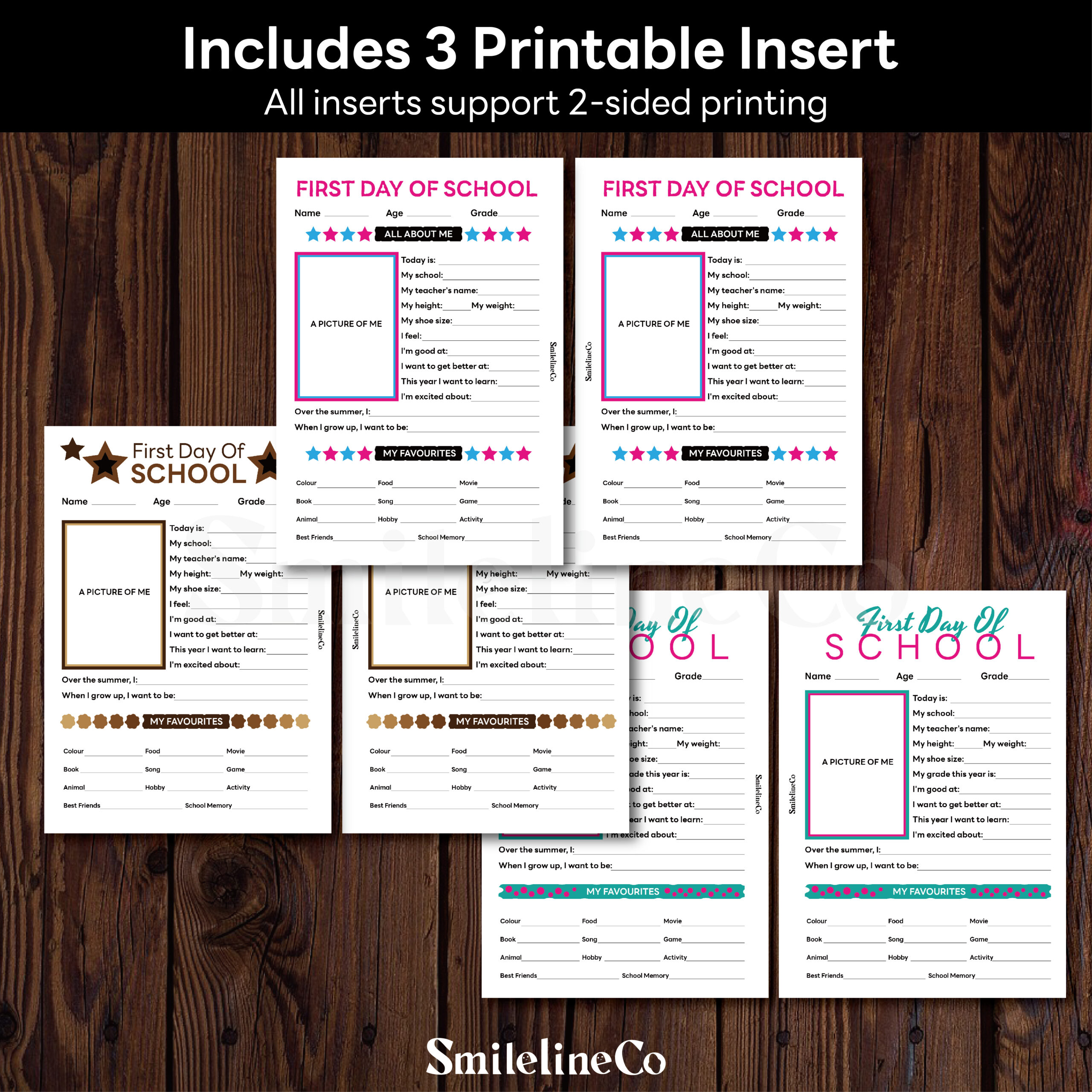 First Day of School insert preview for back-to-school photo props, 3 printable pages in pink, tan and teal designs
