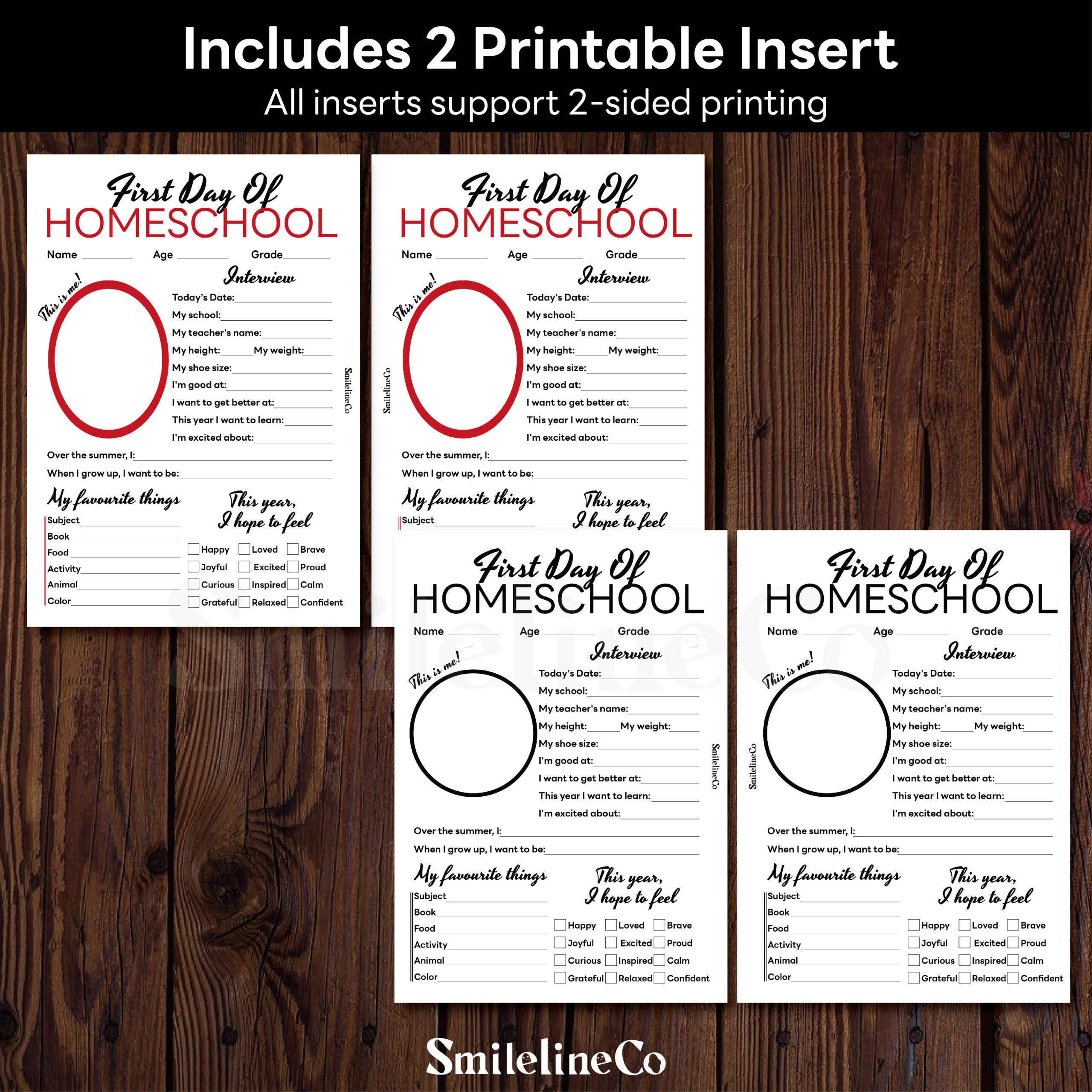 First Day of Homeschool insert preview for capturing a homeschool student's first day photo, 2 printable pages