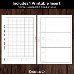 Special Day Collection insert preview for logging birthdays and milestones, black-and-white keepsake layout