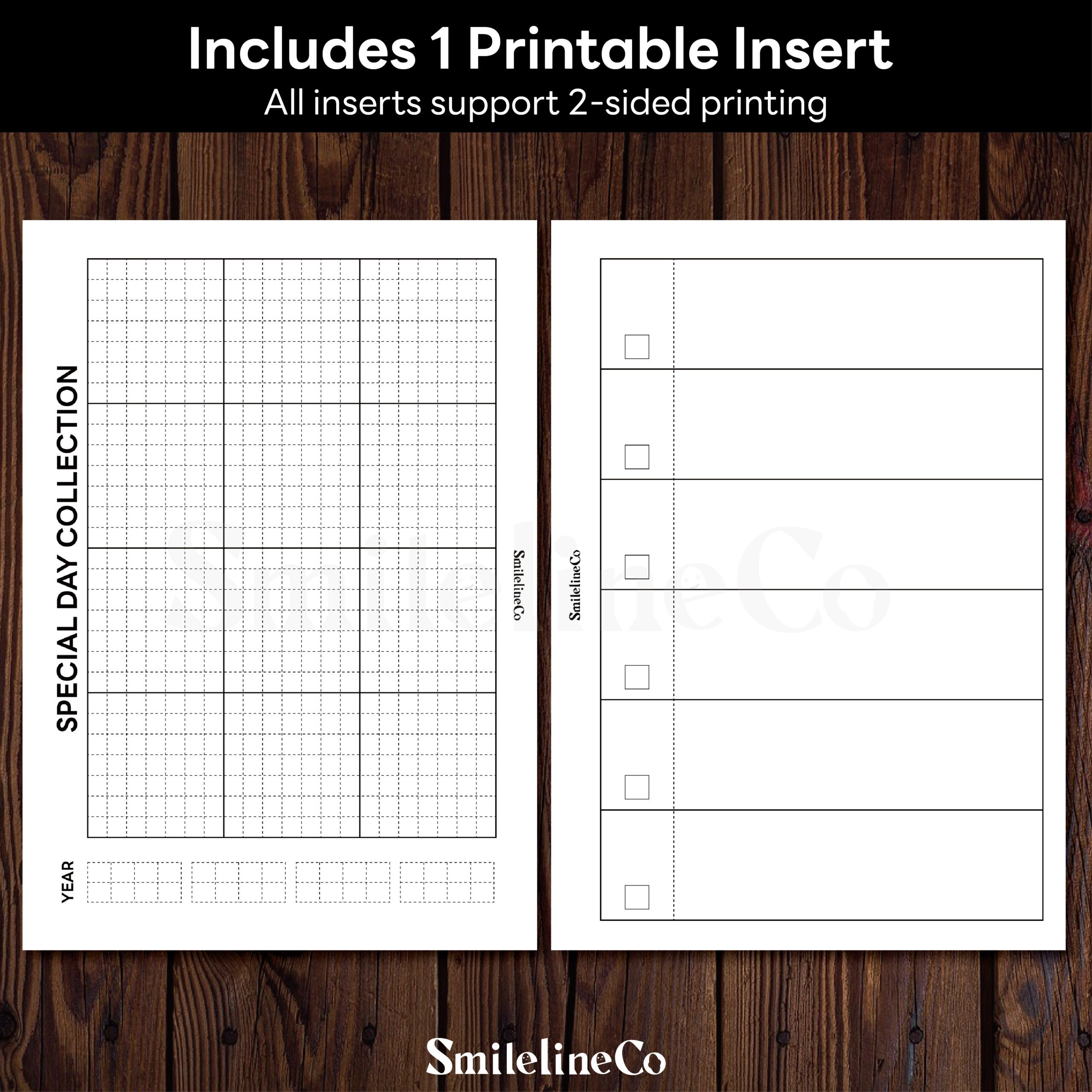 Special Day Collection insert preview for logging birthdays and milestones, black-and-white keepsake layout