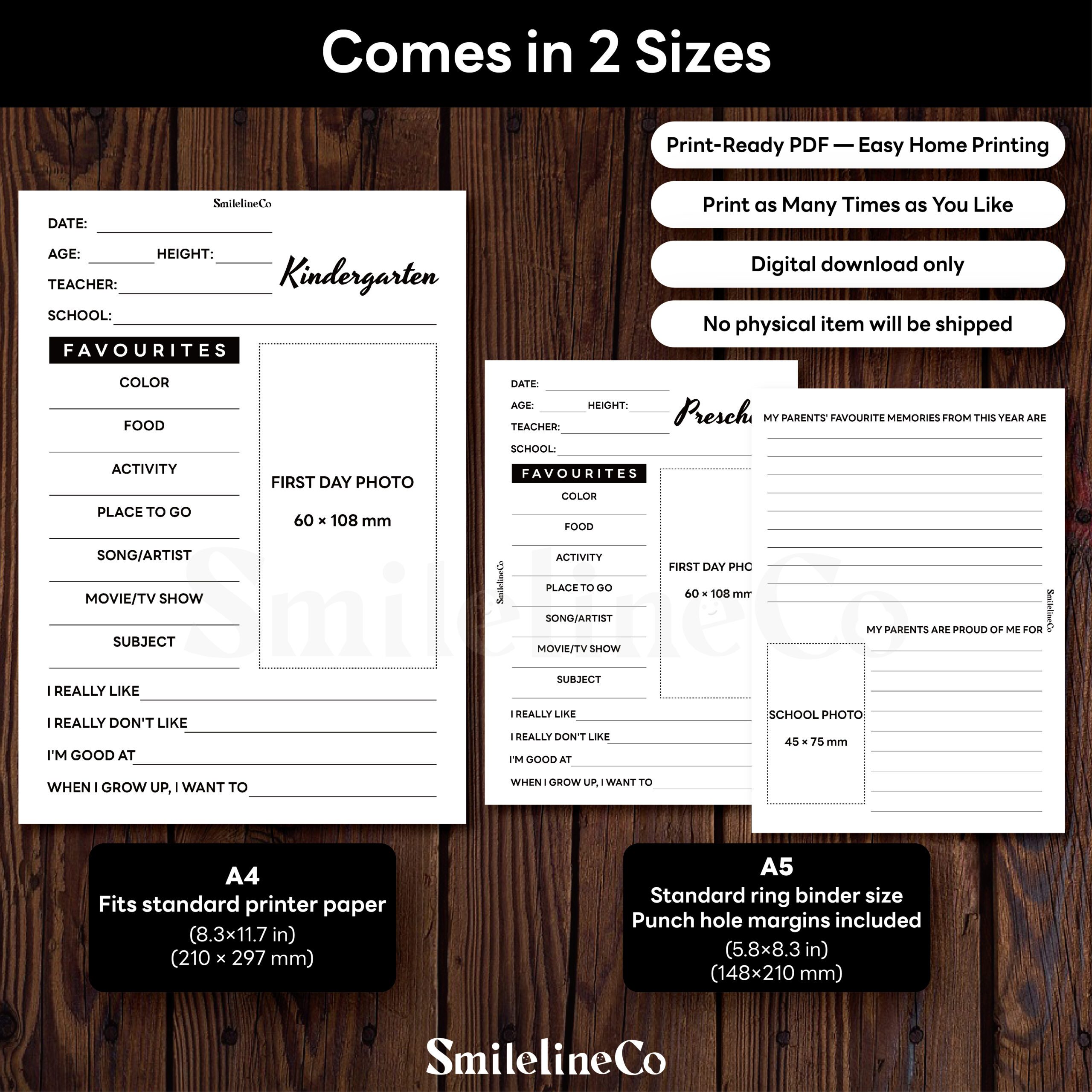 First Day of School Printables size chart for A4 and A5 keepsake journals, minimalist grade-level interview form design